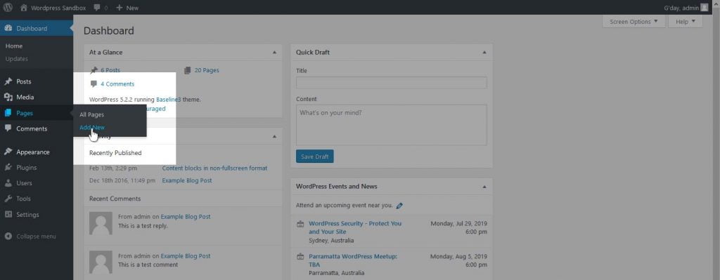 Adding a new WordPress Page from the dashboard