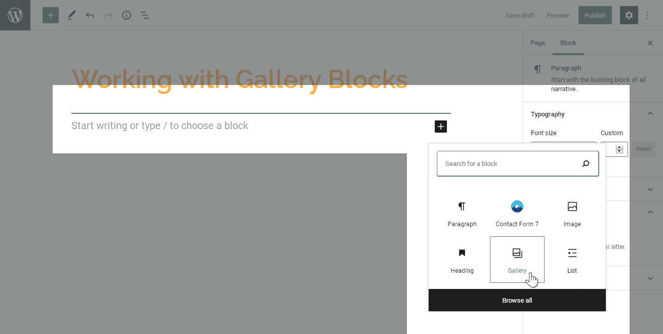 Adding a Gallery Block through the "Add Block" button